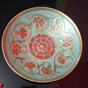 Vintage Brass Decorative Red and Green Floral Plate